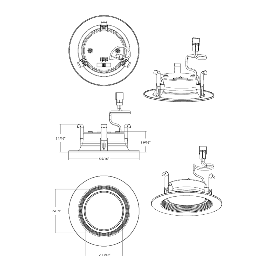 Dimension drawing of the RAB ECLPS4B ECLIPSE 4in Recessed Retrofit Light with Night Light – 7.5W Main Light + 5W Night Light – 2700K–5000K – 120V – Baffle Trim – White Finishshowing fixture dimensions and mounting measurements.