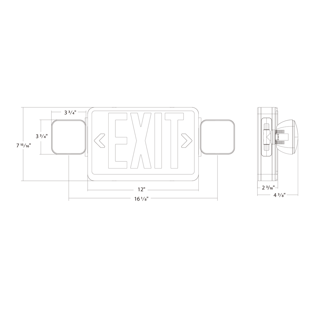 Dimension drawing of the RAB ECOMBO-B Exit Sign Combo – Universal Face – Dual Head Emergency Light – Red Letters – Black Housing – 120-277V – 184 Lumensshowing fixture dimensions and mounting measurements.