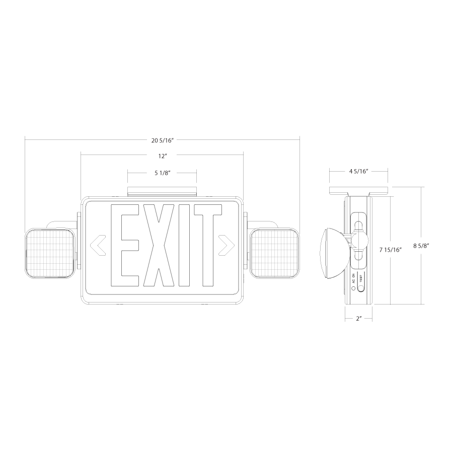 Dimension drawing of the RAB ECOMBO-RS Exit Sign Combo – Universal Face – Dual Head Emergency Light – Red Letters – White Housing – Self-Test – Remote Capacity – 120-277V – 183 Lumensshowing fixture dimensions and mounting measurements.