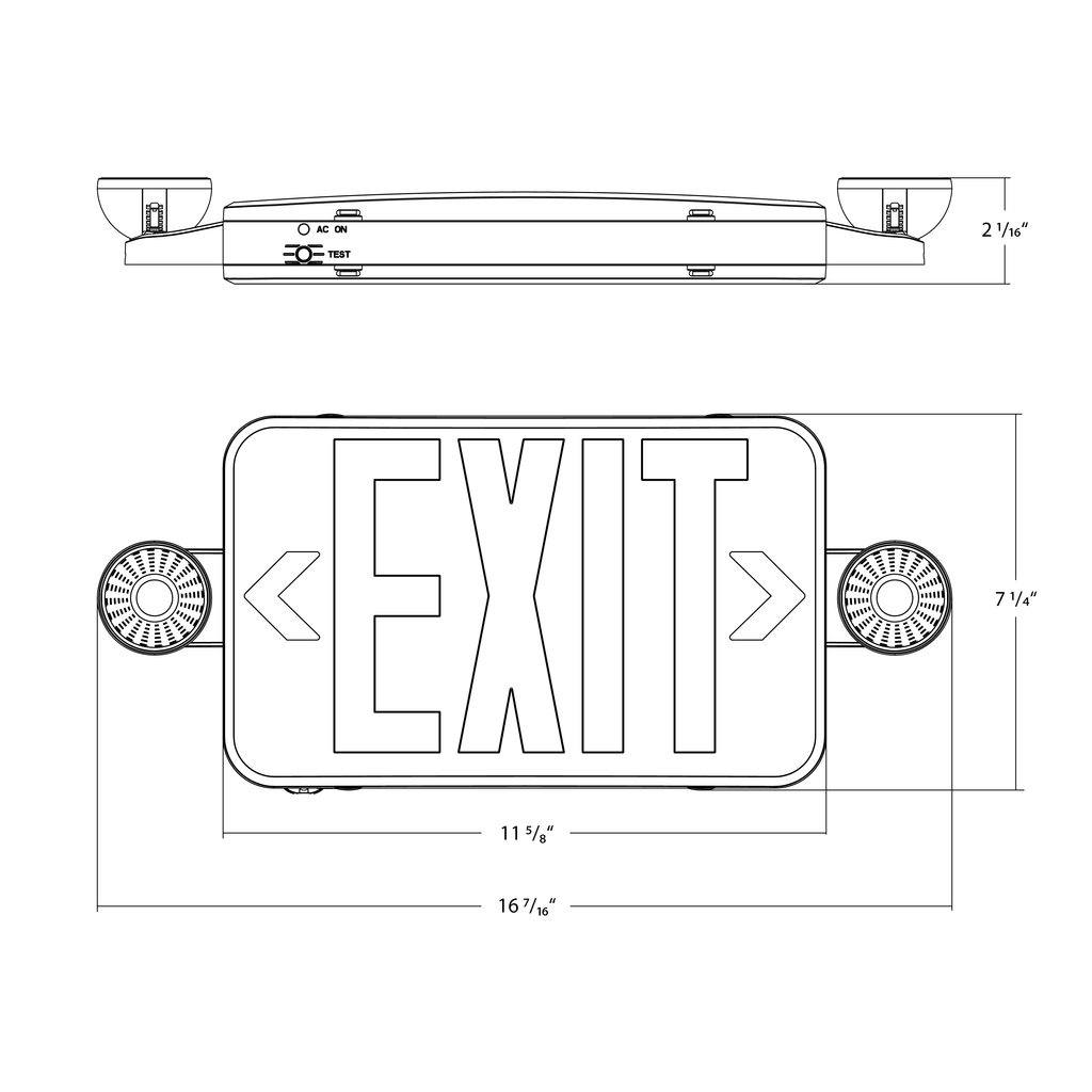 Dimension drawing of the RAB ECOMBO34-R ECOMBO34 Exit Sign Combo – Universal Face – Dual Head Emergency Light – Red Letters – White Housing – Remote Capacity – 120-277V – 160 Lumensshowing fixture dimensions and mounting measurements.