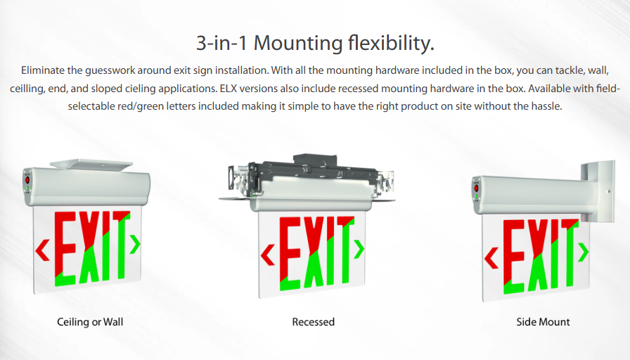 RAB ELX-MP ELX Edge-Lit Exit Sign – Dual Face – Red/Green Letters – Mirror Panel – White Housing – 120-277V