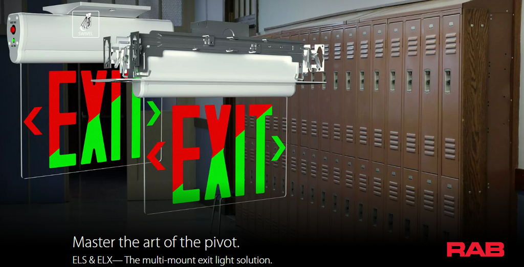 RAB ELX-MP ELX Edge-Lit Exit Sign – Dual Face – Red/Green Letters – Mirror Panel – White Housing – 120-277V