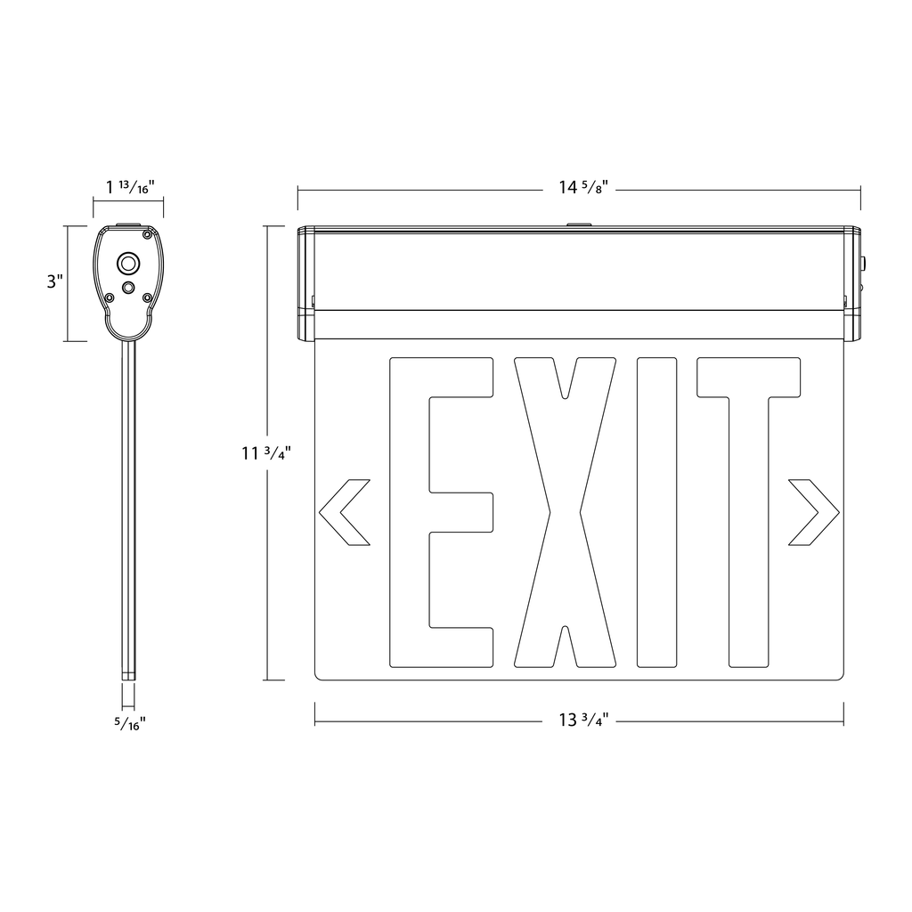Dimension drawing of the RAB ELSNYC ELS New York Edge-Lit Exit Sign – Single Face – Red Letters – Clear Panel – Aluminum Housing – 120-277Vshowing fixture dimensions and mounting measurements.