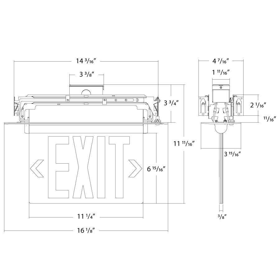Dimension drawing of the RAB ELX-MP ELX Edge-Lit Exit Sign – Dual Face – Red/Green Letters – Mirror Panel – White Housing – 120-277Vshowing fixture dimensions and mounting measurements.