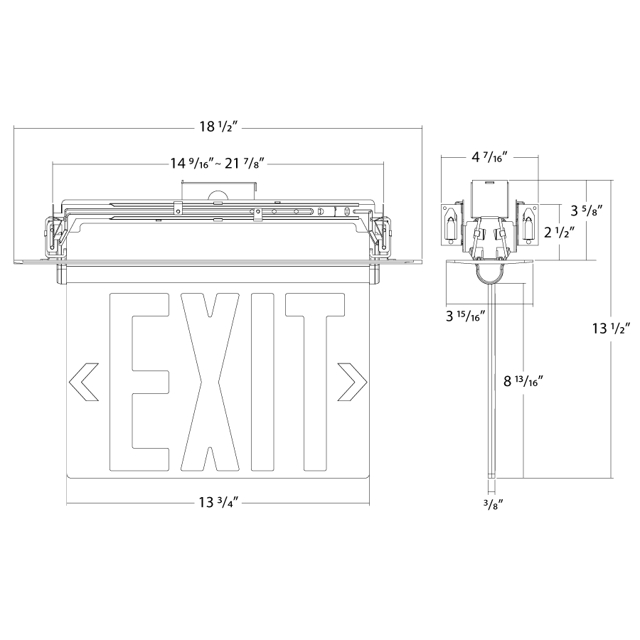 Dimension drawing of the RAB ELXNYC-MP ELX New York Edge-Lit Exit Sign – Dual Face – Red Letters – Mirror Panel – Silver Housing – 120-277Vshowing fixture dimensions and mounting measurements.