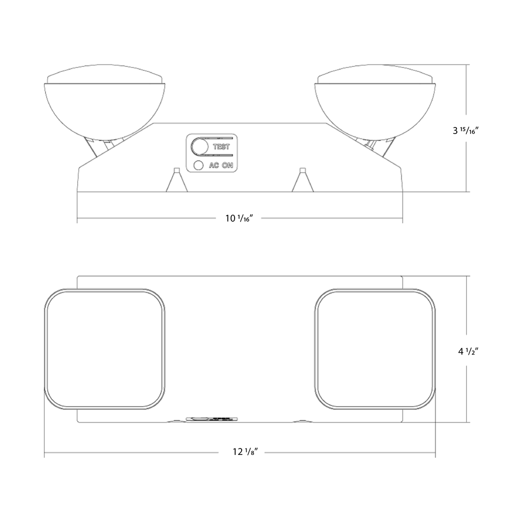 Dimension drawing of the RAB EM-B EM Emergency Light – Dual Head – Black Housing – 120-277V – 200 Lumensshowing fixture dimensions and mounting measurements.