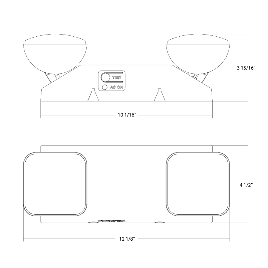 Dimension drawing of the RAB EM EM Emergency Light – Dual Head – White Housing – 120-277V – 200 Lumensshowing fixture dimensions and mounting measurements.