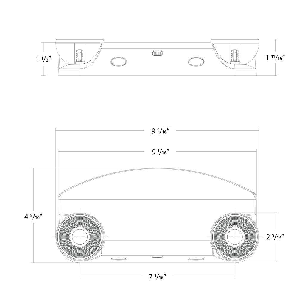 Dimension drawing of the RAB EM34-B EM34 Emergency Light – Dual Head – Black Housing – 120-277V – 160 Lumensshowing fixture dimensions and mounting measurements.