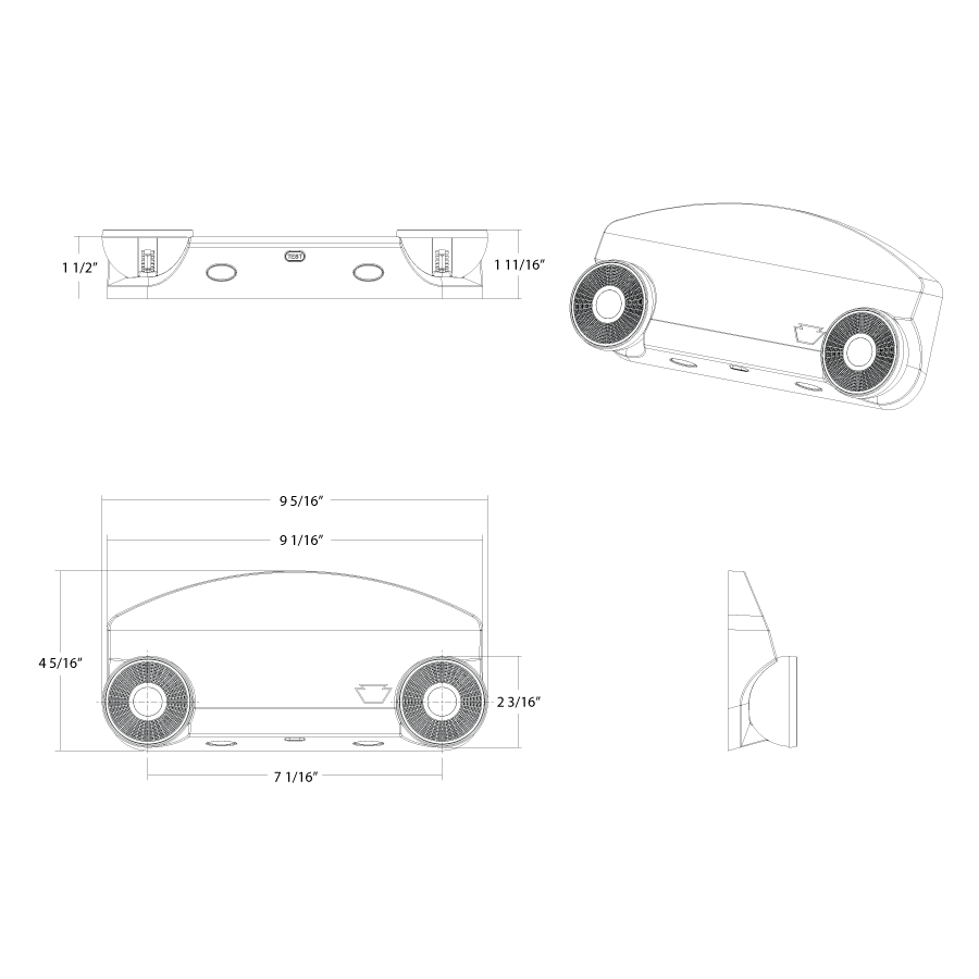 Dimension drawing of the RAB EM34 EM34 Emergency Light – Dual Head – White Housing – 120-277V – 160 Lumensshowing fixture dimensions and mounting measurements.