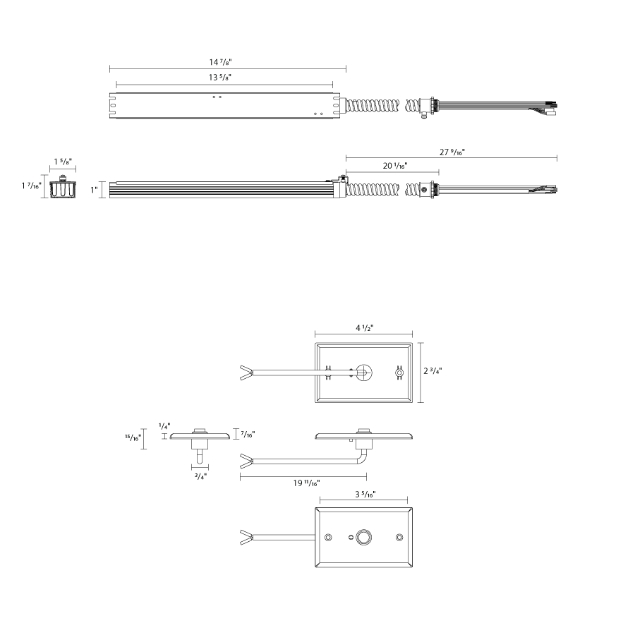 Dimension drawing of the RAB EMB-9 EM Emergency Battery Backup Driver – 9W – 120-347V – 0-10V Dimmableshowing fixture dimensions and mounting measurements.