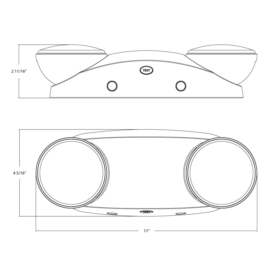 Dimension drawing of the RAB EMR-R Emergency Light – Dual Head – Remote Capacity – White Housing – 120-277V – 200 Lumensshowing fixture dimensions and mounting measurements.