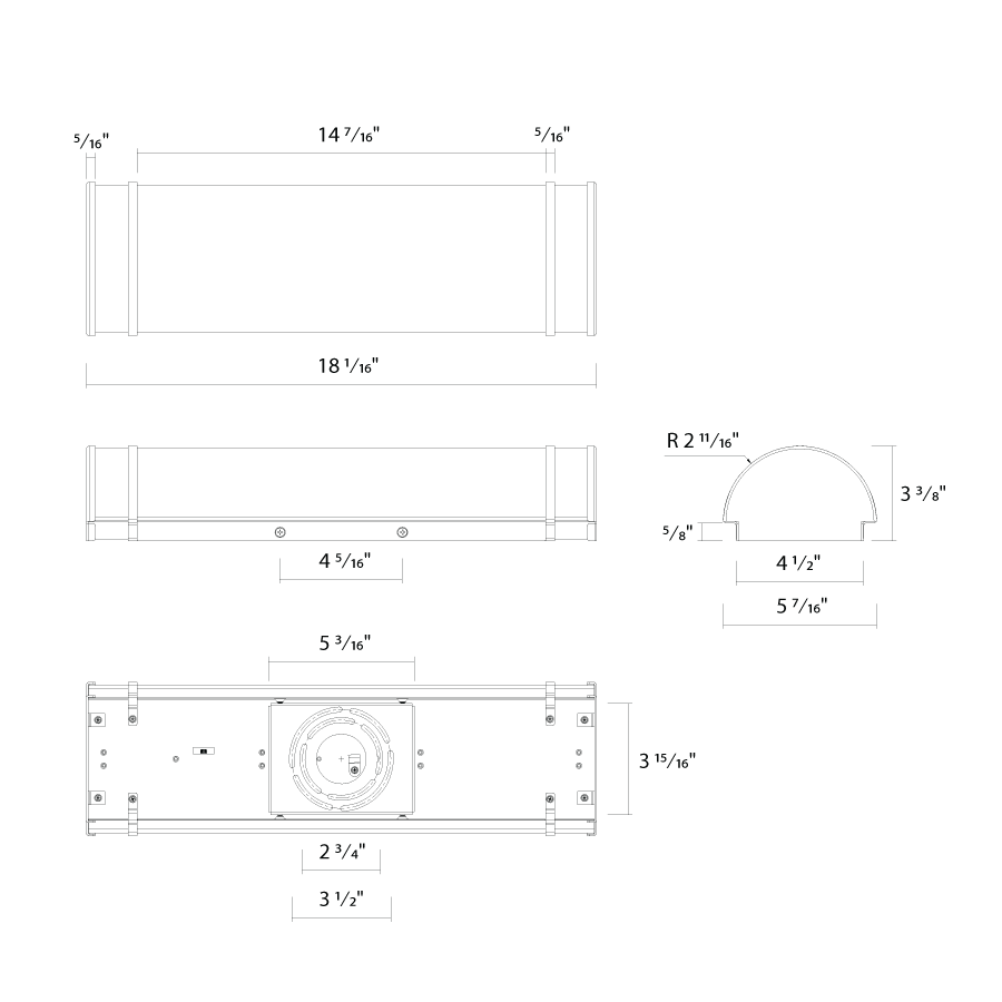 Dimension drawing of the RAB ENCT-18BN ENCHANT Vanity Light – 18" – Selectable 2700K/3000K/3500K/4000K/5000K – 1700 Lumens – 120V – Dimmable – Brushed Nickel Finishshowing fixture dimensions and mounting measurements.