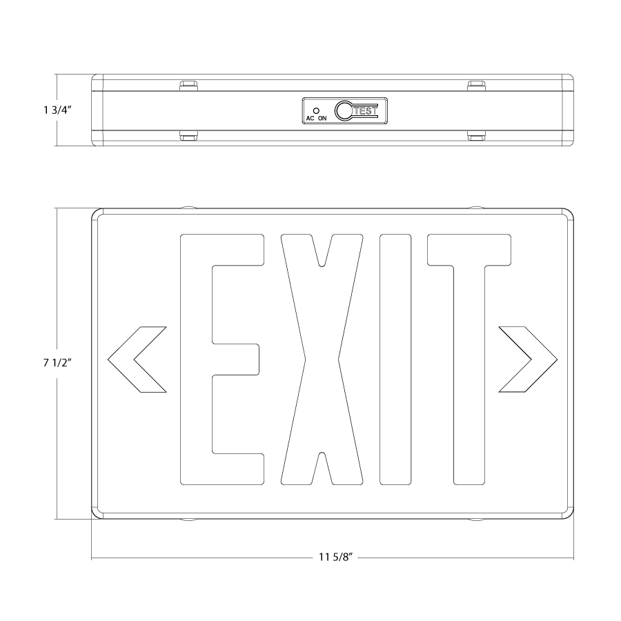 Dimension drawing of the RAB EXIT-R Exit Sign – Universal Face – Red/Green Letters – Remote Capacity – 120-277Vshowing fixture dimensions and mounting measurements.