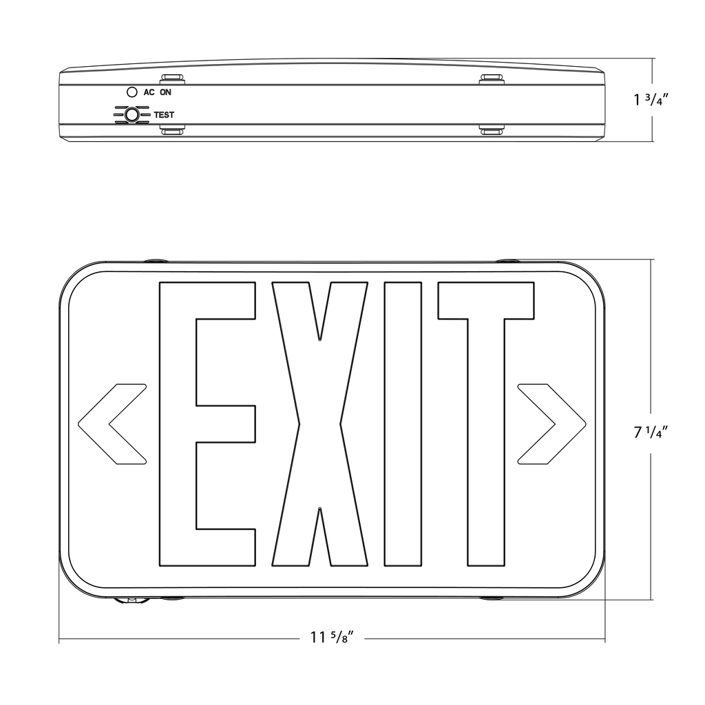 Dimension drawing of the RAB EXIT34-RG/E-B EXIT34 Exit Sign – Universal Face – Red/Green Letters – Black Housing – Battery Backup – 120-277Vshowing fixture dimensions and mounting measurements.