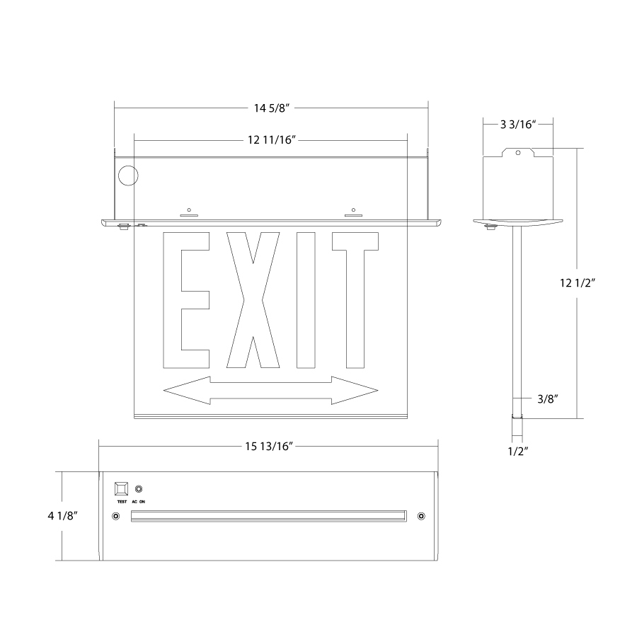 Dimension drawing of the RAB EXITEDGE-RE-WPWCH EXITEDGE Chicago Edge-Lit Exit Sign – Dual Face – White Panel – White Housing – Recessed Mount – 120-277Vshowing fixture dimensions and mounting measurements.