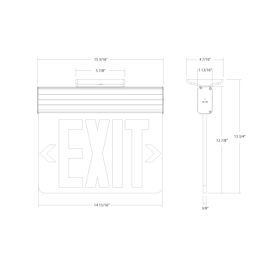 Dimension drawing of the RAB EXITEDGE-WPNY EXITEDGE New York Edge-Lit Exit Sign – Dual Face – Red Letters – White Panel – Aluminum Housing – 120-277Vshowing fixture dimensions and mounting measurements.