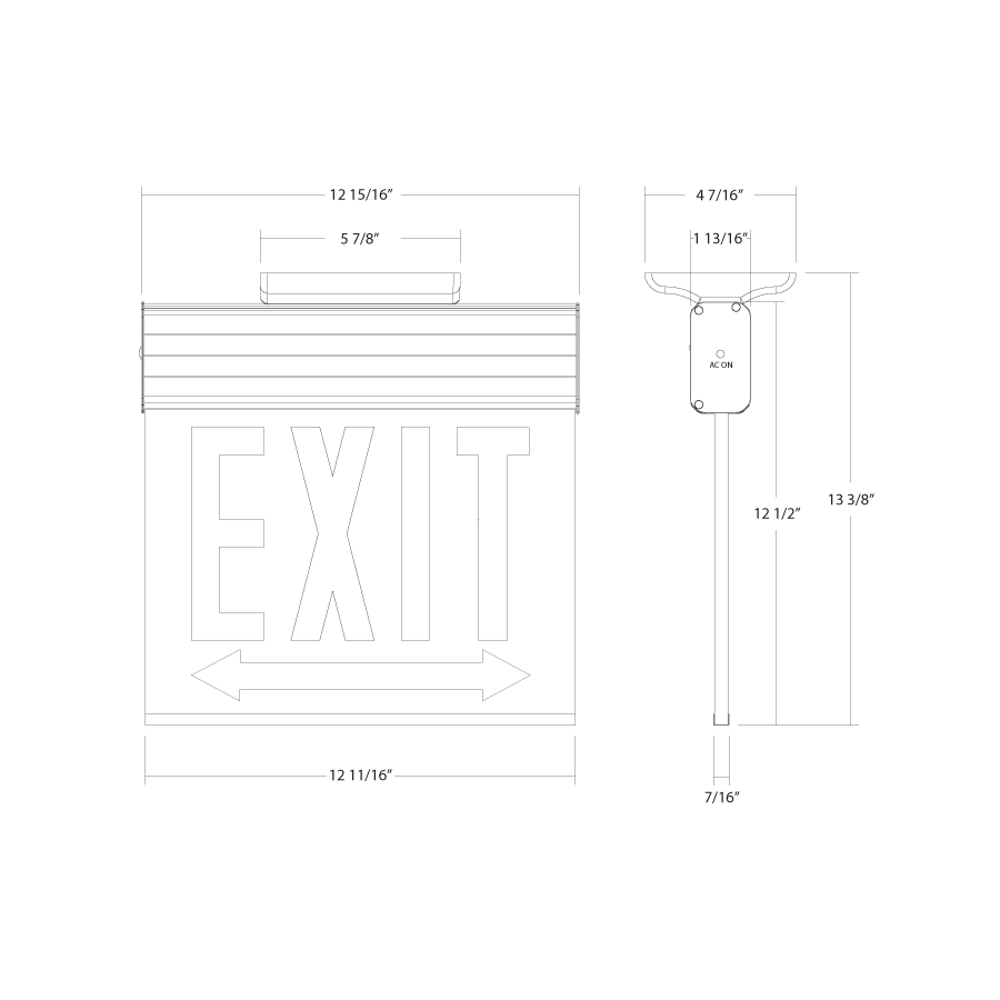 Dimension drawing of the RAB EXITEDGE-WPWCH EXITEDGE Chicago Edge-Lit Exit Sign – Dual Face – White Panel – White Housing – No Arrow – 120-277Vshowing fixture dimensions and mounting measurements.