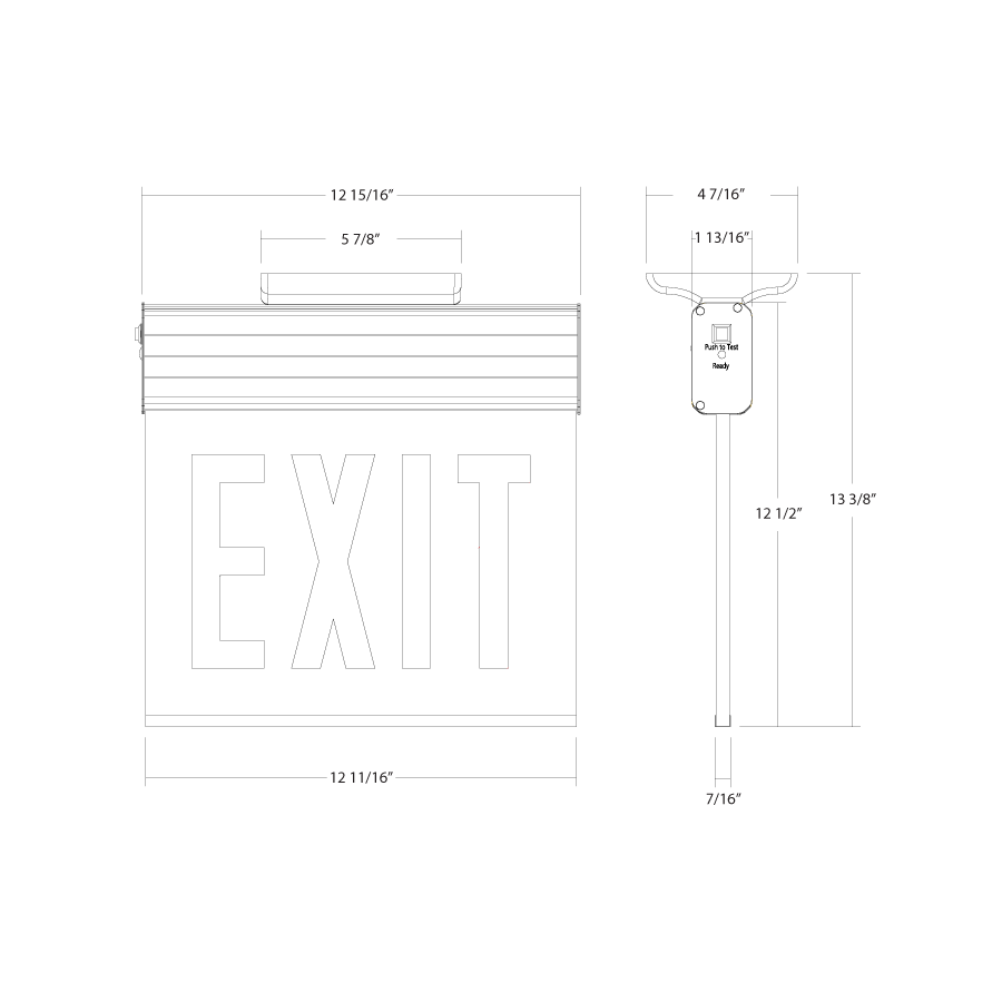 Dimension drawing of the RAB EXITEDGE-WPWCH/E EXITEDGE Chicago Edge-Lit Exit Sign – Dual Face – White Panel – White Housing – No Arrow – Battery Backup – 120-277Vshowing fixture dimensions and mounting measurements.