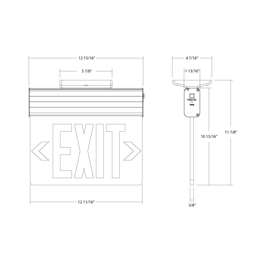 Dimension drawing of the RAB EXITEDGE-WPWS/E EXITEDGE Edge-Lit Exit Sign – Dual Face – Red Letters – White Panel – White Housing – Self-Test – Battery Backup – 120-277Vshowing fixture dimensions and mounting measurements.