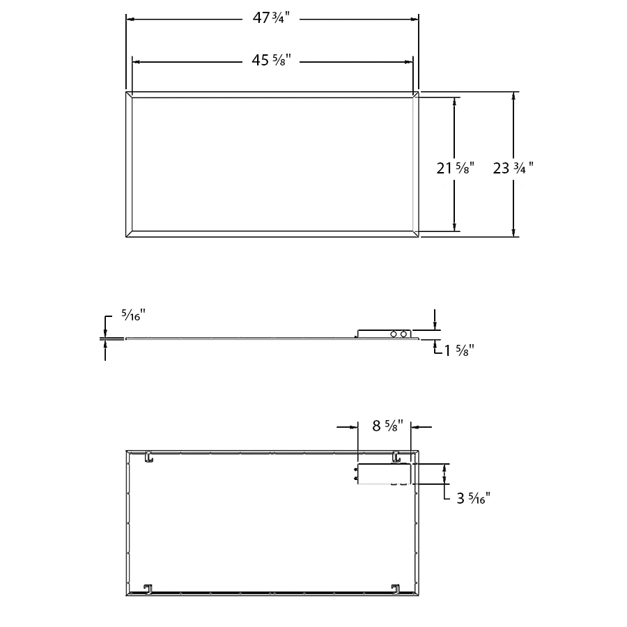 Dimension drawing of the RAB EZP2X4/E 2x4 LED Panel Light with Emergency Battery Backup - 3961-6352 Lumens - 30W–50W Selectable Wattage - 120-277V - 0-10V Dimmableshowing fixture dimensions and mounting measurements.