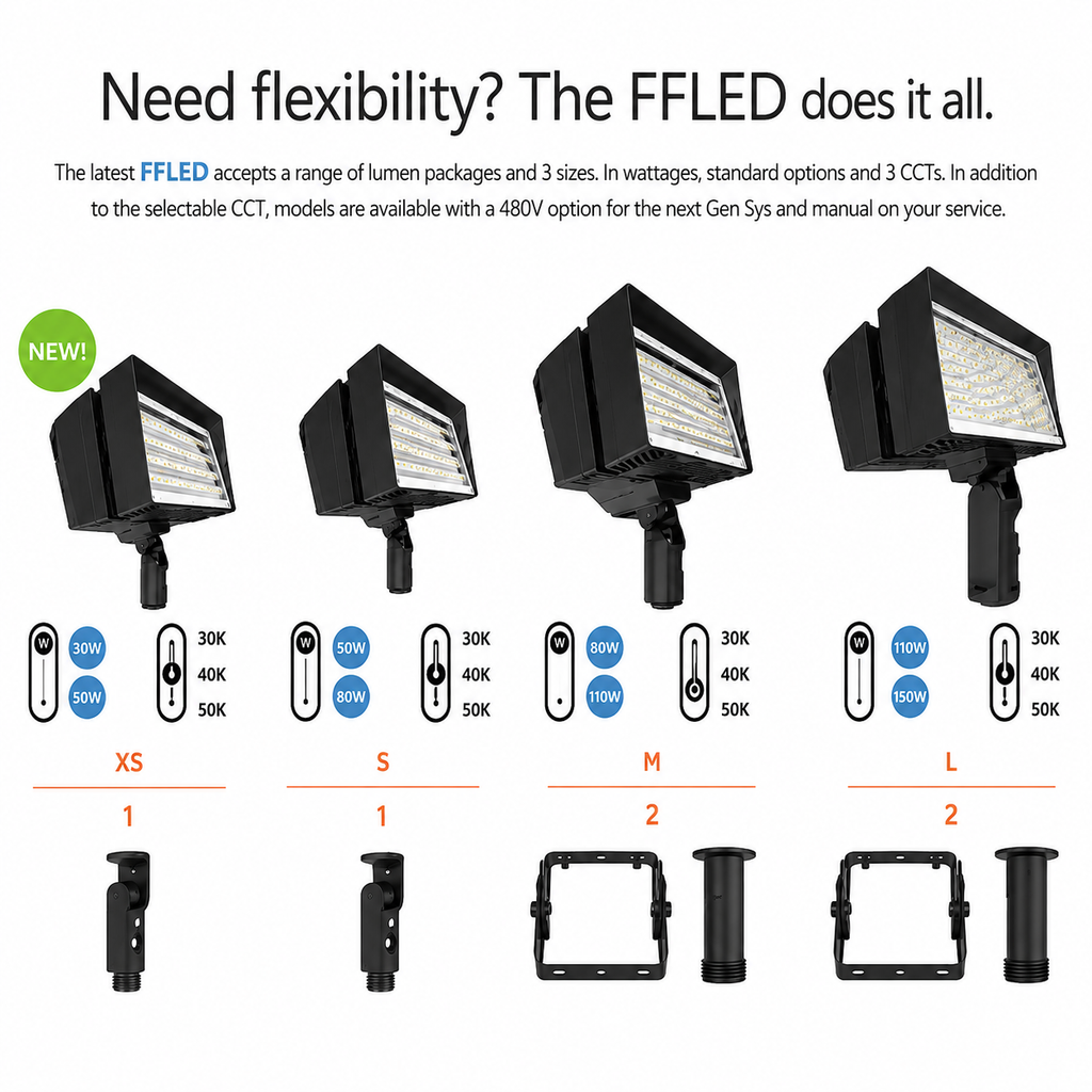 RAB FFLEDSY/PCU FFLED Field-Adjustable Small LED Flood Light – 18W/26W/39W Selectable – 3000K – 2515-6048 Lumens – 120-277V – Photocell – Knuckle Mount – Bronze Finish