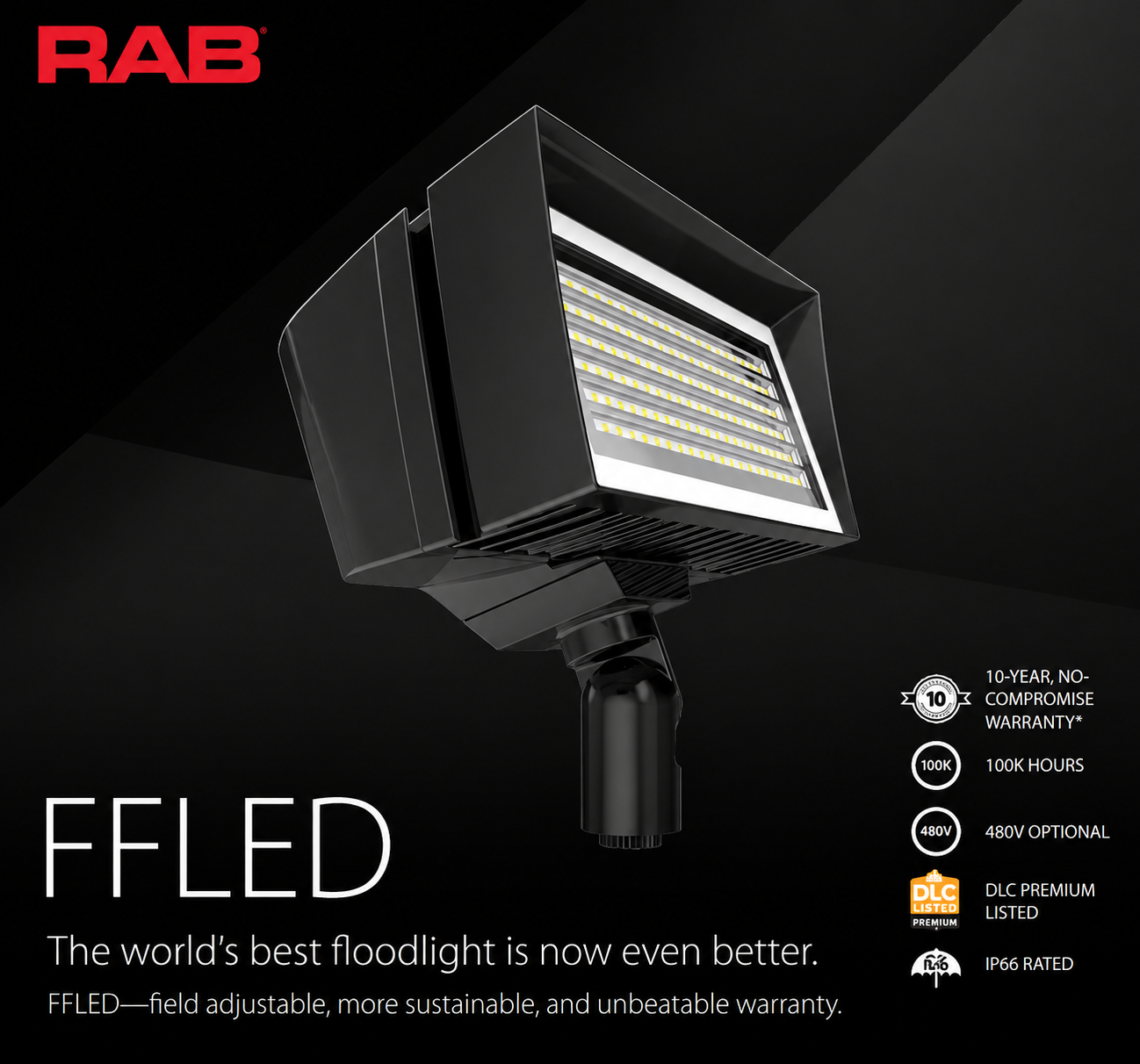 RAB FFLEDSY/PCU FFLED Field-Adjustable Small LED Flood Light – 18W/26W/39W Selectable – 3000K – 2515-6048 Lumens – 120-277V – Photocell – Knuckle Mount – Bronze Finish