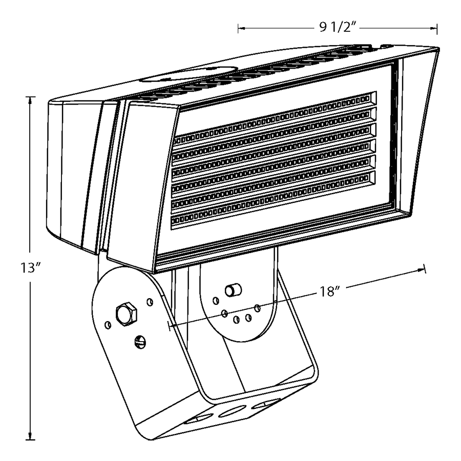 Dimension drawing of the RAB FFLEDLYT/480/7PR FFLED Field-Adjustable Large LED Flood Light – 120W/180W/230W Selectable – 3000K – 17411-36140 Lumens – 480V – NEMA 7-Pin Receptacle – Trunnion Mount – Bronze Finishshowing fixture dimensions and mounting measurements.