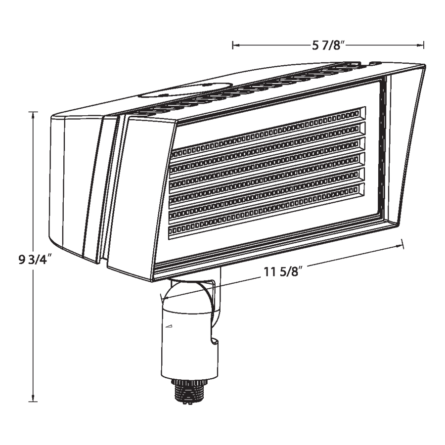 Dimension drawing of the RAB FFLEDMY FFLED Field-Adjustable Medium LED Flood Light – 52W/80W Selectable – 3000K – 7467-9758 Lumens – 120-277V – Knuckle Mount – Bronze Finishshowing fixture dimensions and mounting measurements.