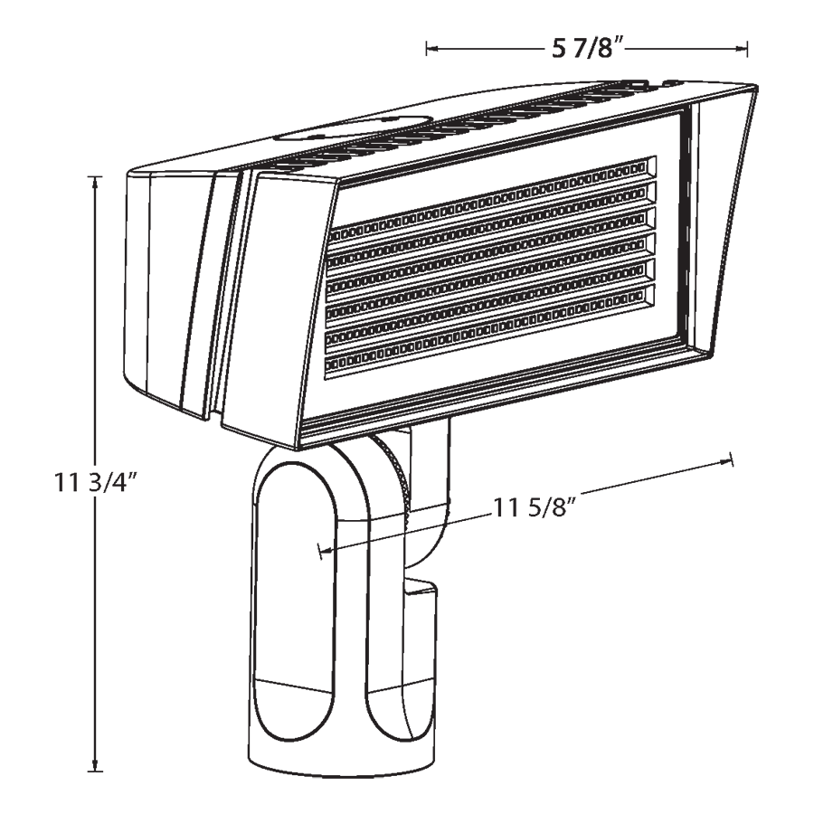 Dimension drawing of the RAB FFLEDMYSFW/PCU FFLED Field-Adjustable Medium LED Flood Light – 52W/80W Selectable – 3000K – 7467-9758 Lumens – 120-277V – Photocell – Slipfitter Mount – White Finishshowing fixture dimensions and mounting measurements.