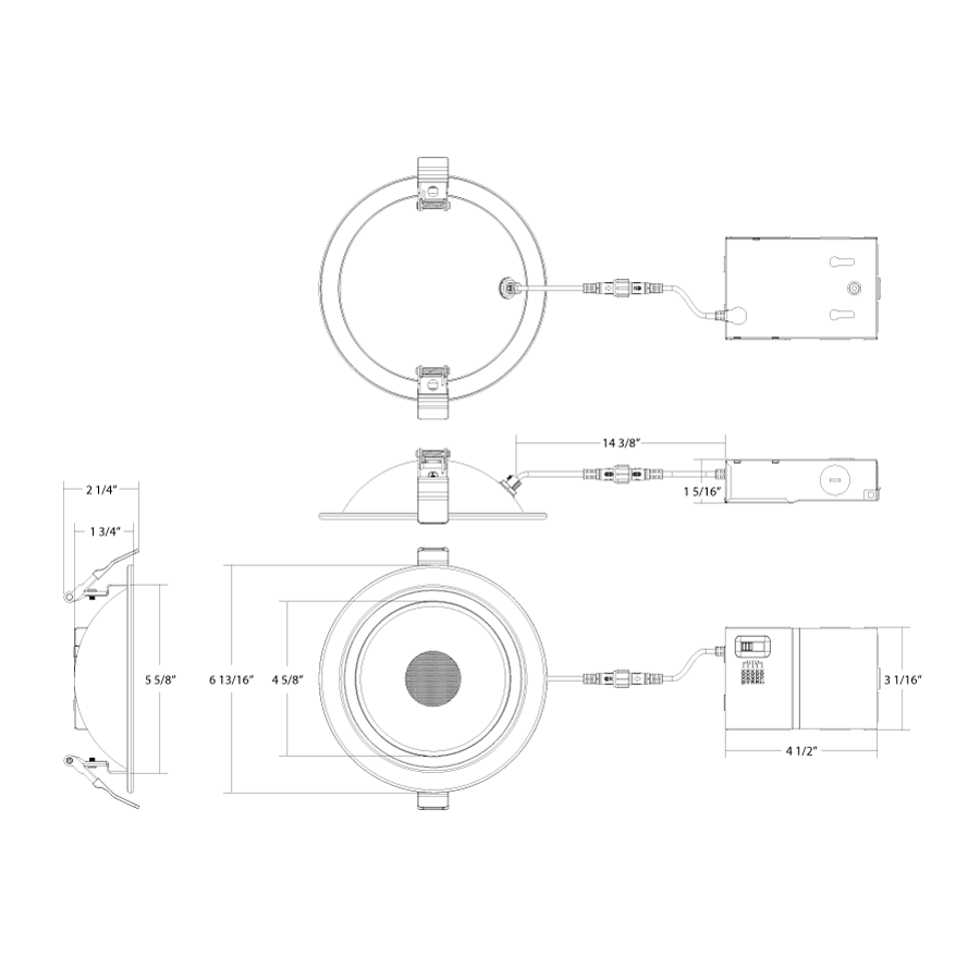 Dimension drawing of the RAB FGIMBAL6 FGIMBAL 6 Inch Fire-Rated Gimbal Downlight – 14W – 38° Beam Angle – White Trim – 120V – Triac Dimmable – 1300 Lumensshowing fixture dimensions and mounting measurements.