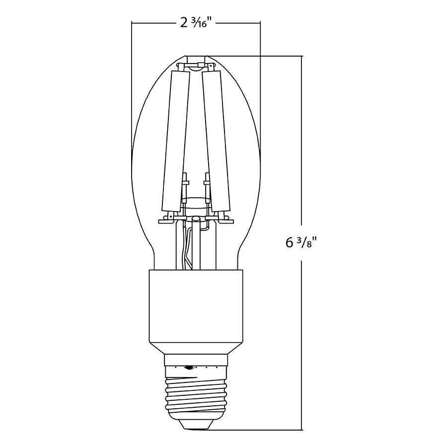 Dimension drawing of the RAB FHID-15-E26-850 FHID Filament HID LED Lamp – ED17 – 15W – 5000K – E26 Medium Base – CRI80 – 120-277V – 2700 Lumensshowing fixture dimensions and mounting measurements.