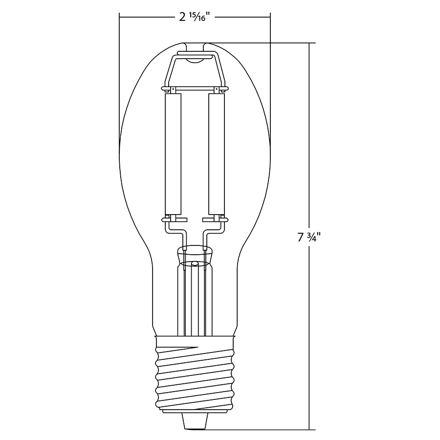 Dimension drawing of the RAB FHID-20-EX39-850 FHID Filament HID LED Lamp – ED23.5 – 20W – 5000K – EX39 Mogul Base – CRI80 – 120-277V – 3600 Lumensshowing fixture dimensions and mounting measurements.