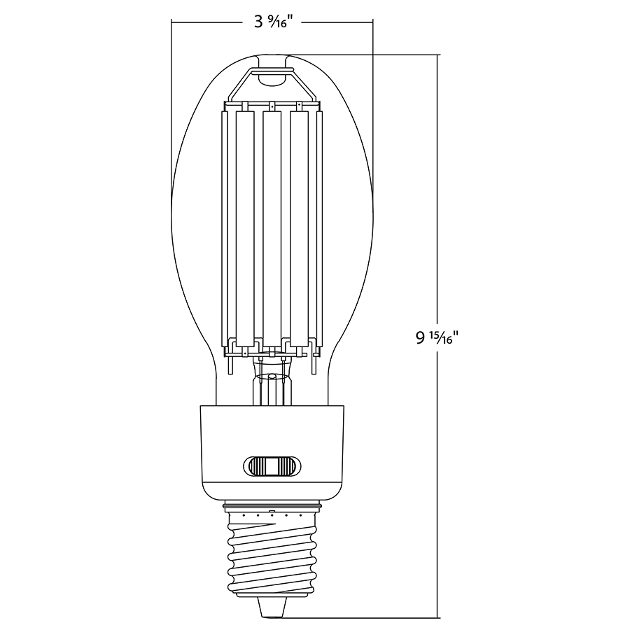 Dimension drawing of the RAB FHID-45S-EX39-850 FHID Filament HID LED Lamp – ED28 – Selectable 45W/38W/30W – 5000K – EX39 Mogul Base – CRI80 – Dimmable – 120-277V – 5850-8750 Lumensshowing fixture dimensions and mounting measurements.