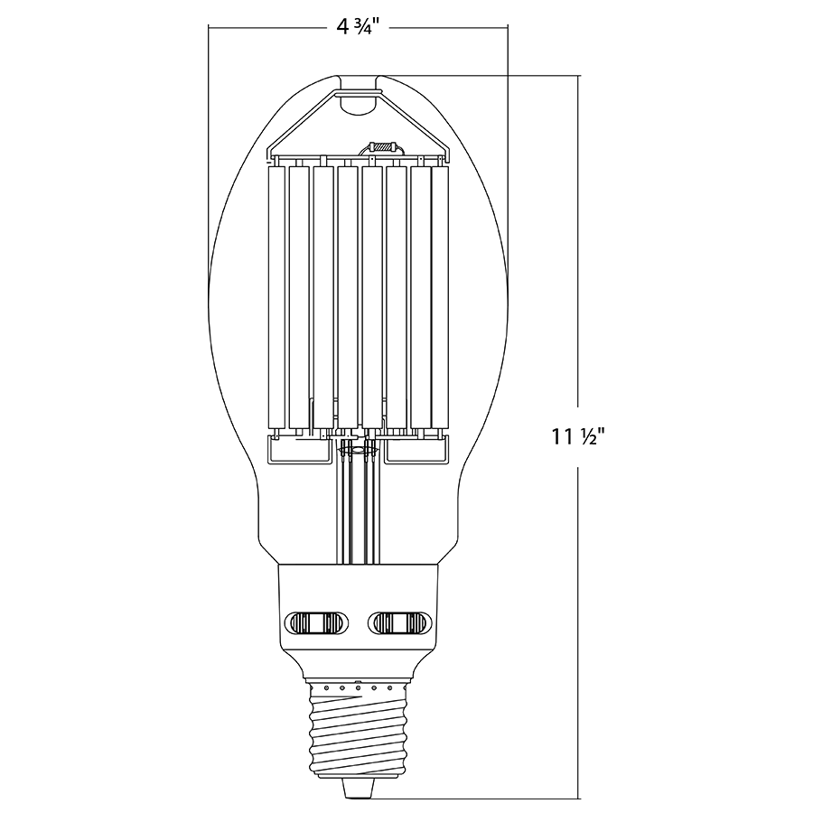 Dimension drawing of the RAB FHID-45S-EX39-8CCT FHID Filament HID LED Lamp – ED37 – Selectable 45W/38W/30W – Selectable 3000K/4000K/5000K – EX39 Mogul Base – CRI80 – Dimmable – 120-277V – 5100-8100 Lumensshowing fixture dimensions and mounting measurements.