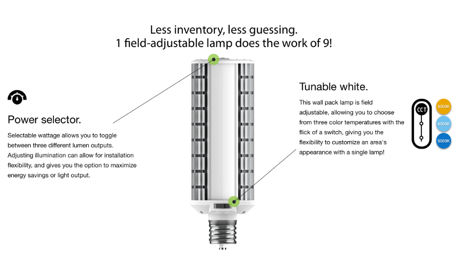 RAB HIDFA-20S-H-E26-8CCT-BYP HIDFA Wall Pack LED Retrofit Lamp – Type B Bypass – Selectable 5W/10W/20W – Selectable 3000K/4000K/5000K – E26 Medium Base – 120-277V – 800-3200 Lumens