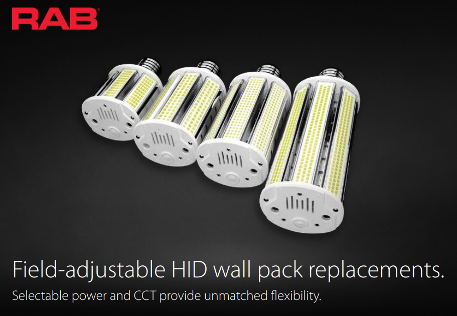 RAB HIDFA-20S-H-E26-8CCT-BYP HIDFA Wall Pack LED Retrofit Lamp – Type B Bypass – Selectable 5W/10W/20W – Selectable 3000K/4000K/5000K – E26 Medium Base – 120-277V – 800-3200 Lumens