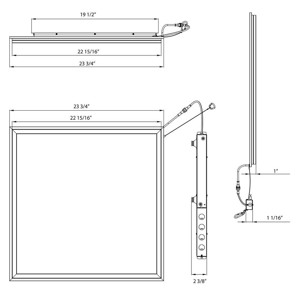 Dimension drawing of the RAB FR2X2/E LED Frame Light Panel with Emergency Battery Backup - 2637-5081 Lumens - 5 Power Selectable Wattage - 5CCT Selectable - 120-277Vshowing fixture dimensions and mounting measurements.