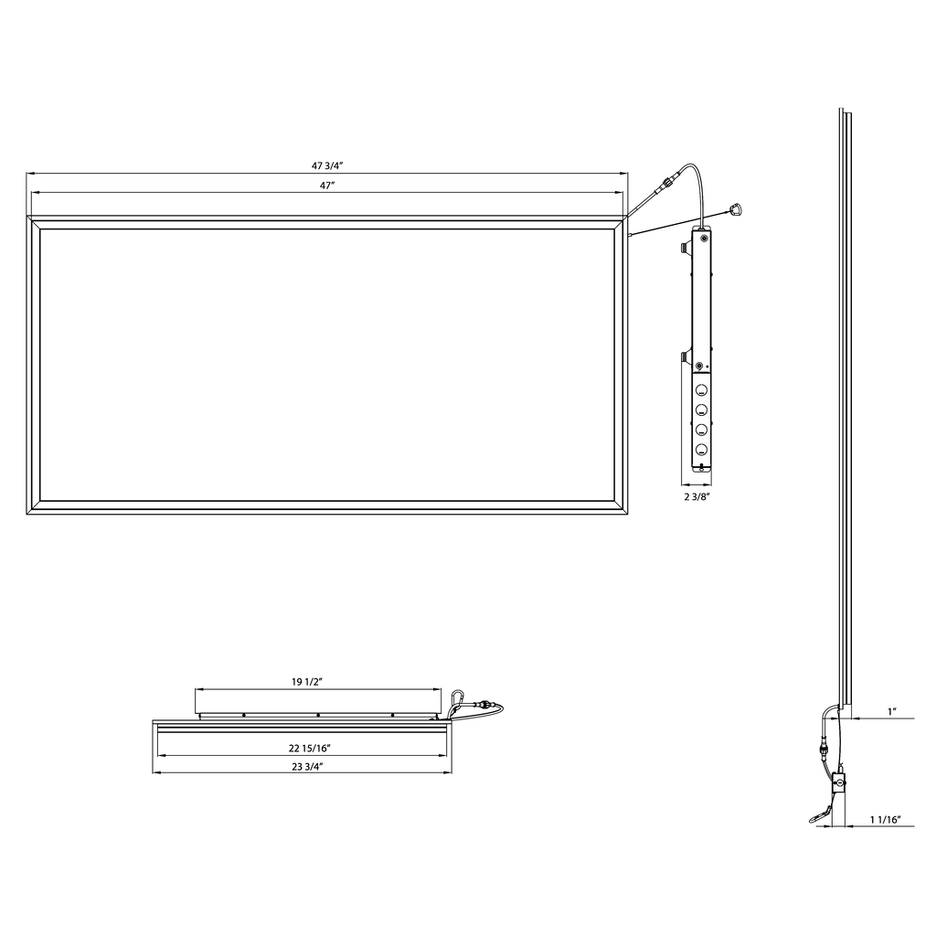 Dimension drawing of the RAB FR2X4/E LED Frame Light Panel with Emergency Battery Backup - 3764-6203 Lumens - 5 Power Selectable Wattage - 5CCT Selectable - 120-277Vshowing fixture dimensions and mounting measurements.