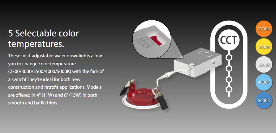 RAB FWAFER4 FWAFER 4 Inch Fire-Rated Edge-Lit Wafer Downlight – 11W – 5-CCT Selectable – CRI90 – Smooth Trim – 120V – 957 Lumens