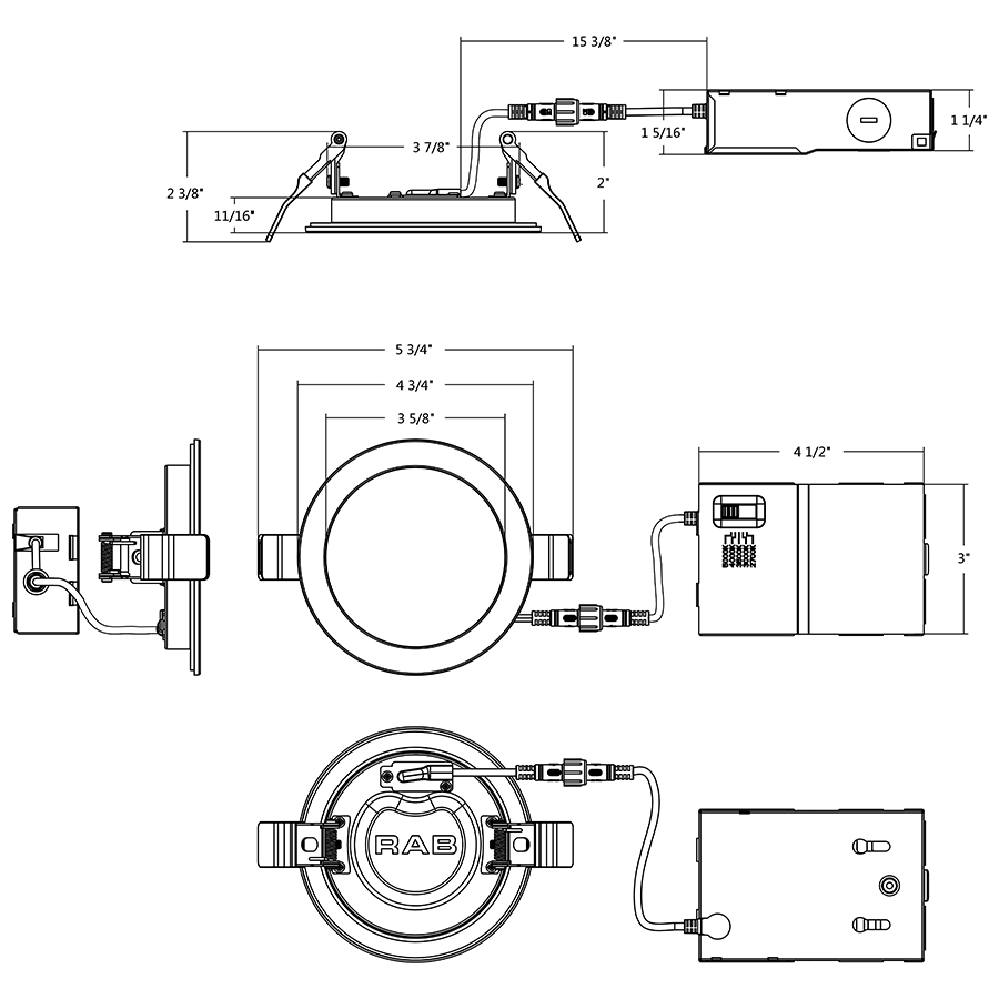 Dimension drawing of the RAB FWAFER4 FWAFER 4 Inch Fire-Rated Edge-Lit Wafer Downlight – 11W – 5-CCT Selectable – CRI90 – Smooth Trim – 120V – 957 Lumensshowing fixture dimensions and mounting measurements.