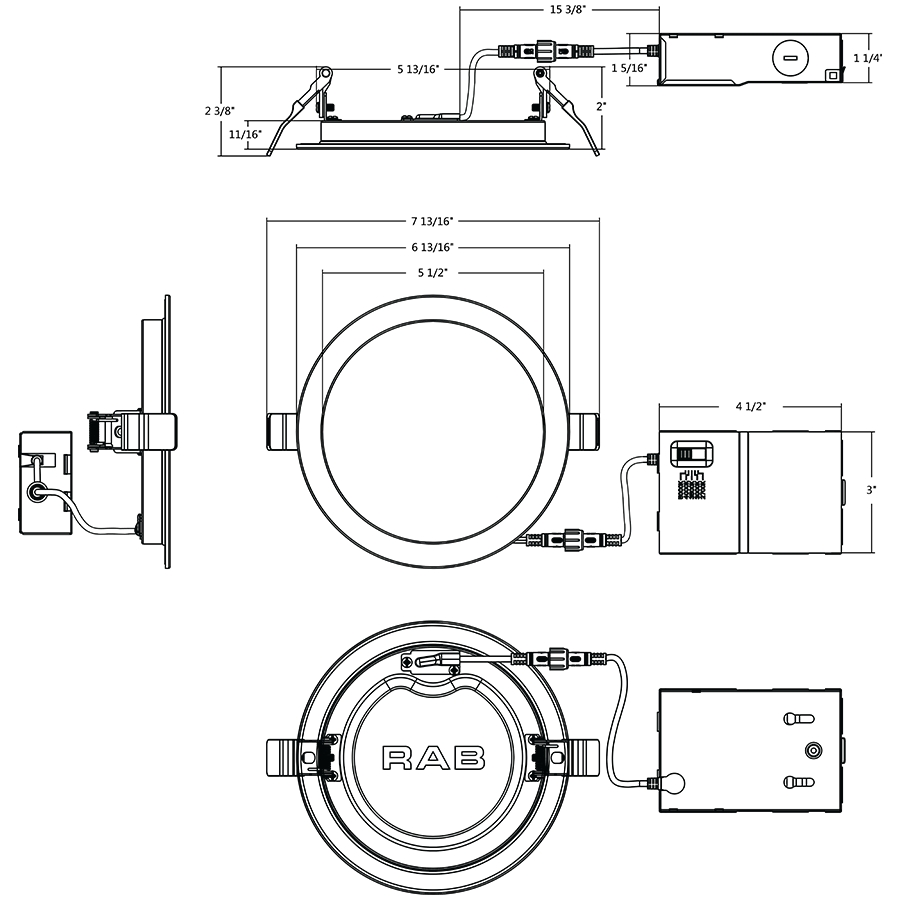 Dimension drawing of the RAB FWAFER6 FWAFER 6 Inch Fire-Rated Edge-Lit Wafer Downlight – 15W – 5-CCT Selectable – CRI90 – Smooth Trim – 120V – 1330 Lumensshowing fixture dimensions and mounting measurements.