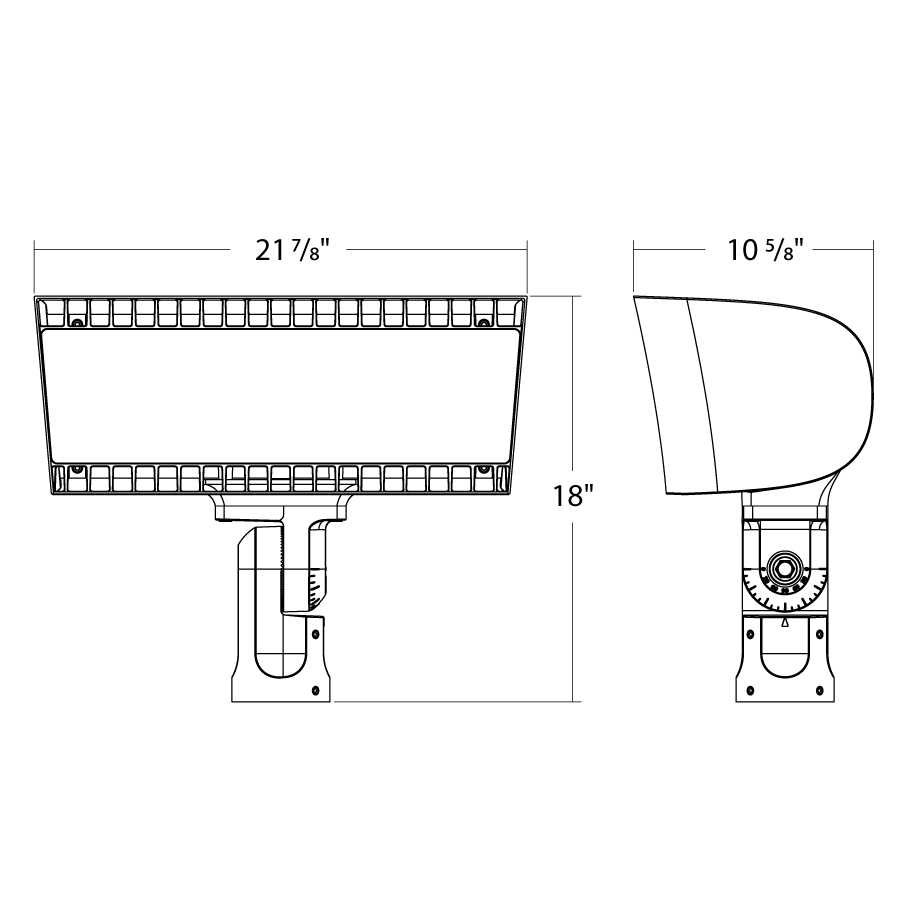 Dimension drawing of the RAB FXLEDLTW FXLED Field-Adjustable Large LED Flood Light – 445W/534W Selectable – 4000K/5000K Selectable – 61068-76501 Lumens – 120-277V – Trunnion Mount – White Finishshowing fixture dimensions and mounting measurements.