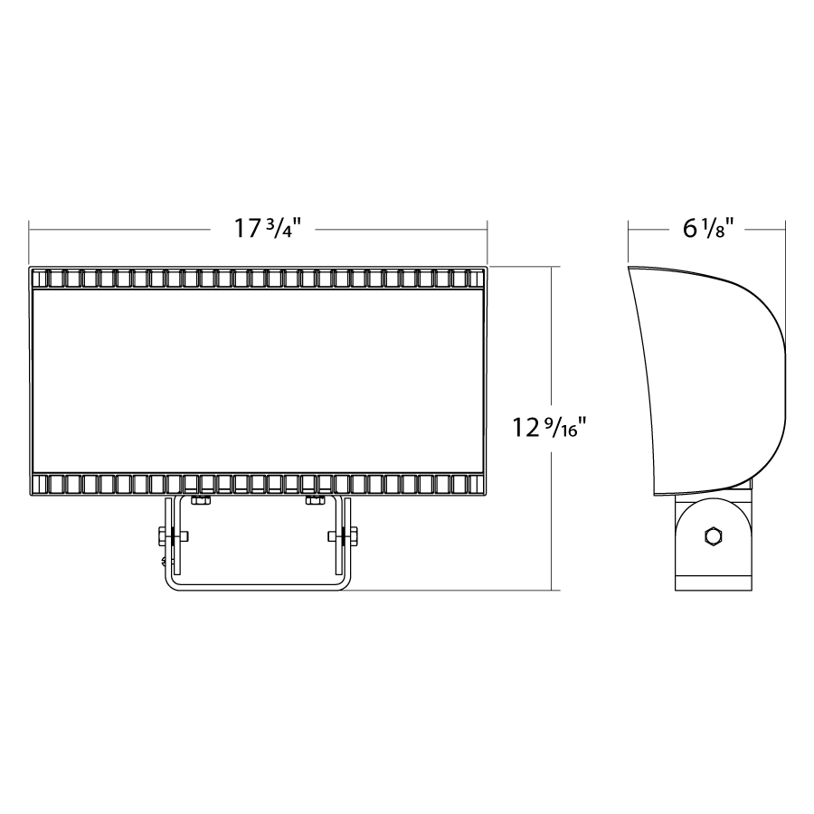 Dimension drawing of the RAB FXLEDMTW/7PR FXLED Field-Adjustable Medium LED Flood Light – 213W/346W Selectable – 4000K/5000K Selectable – 29672-48128 Lumens – 120-277V – NEMA 7-Pin Receptacle – Trunnion Mount – White Finishshowing fixture dimensions and mounting measurements.
