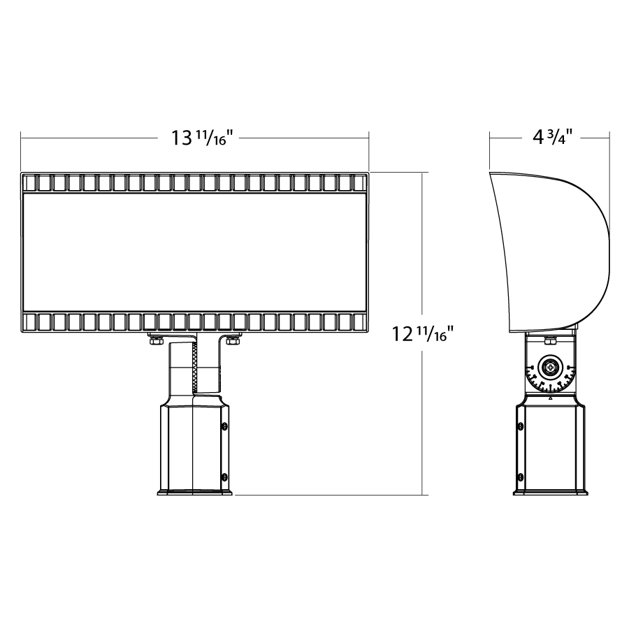 Dimension drawing of the RAB FXLEDSSFW/7PR FXLED Field-Adjustable Small LED Flood Light – 69W/97W/132W/168W Selectable – 4000K/5000K Selectable – 11025-23835 Lumens – 120-277V – NEMA 7-Pin Receptacle – Slipfitter Mount – White Finishshowing fixture dimensions and mounting measurements.