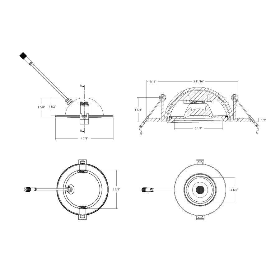 Dimension drawing of the RAB GF4 GF4 4in Adjustable Recessed Light – 12W – 889–1049 Lumens – 2700K–5000K – 120V – Round – White Trim – 90+ CRIshowing fixture dimensions and mounting measurements.