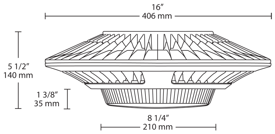 Dimension drawing of the RAB GLED26 GLED LED Garage Ceiling Light – 26W – 5000K – 3093 Lumens – 120-277V – Prismatic Lens – Bronze Finishshowing fixture dimensions and mounting measurements.