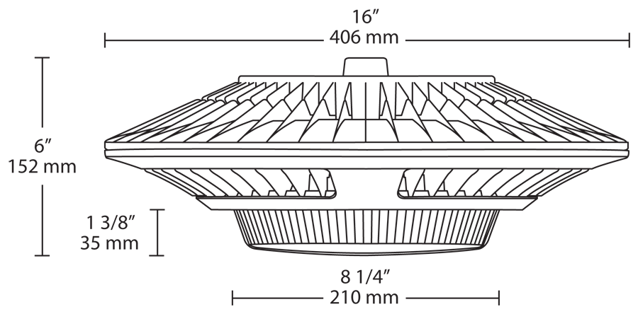 Dimension drawing of the RAB GPLED78W/480 GPLED LED Garage Pendant Light – 78W – 5000K – 8963 Lumens – 480V – Prismatic Lens – White Finishshowing fixture dimensions and mounting measurements.