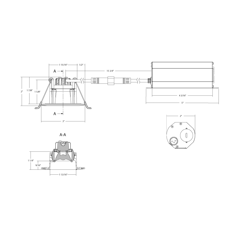 Dimension drawing of the RAB GR2 GR2 2in Adjustable Regressed Recessed Light – 6W – 367–434 Lumens – 2700K–5000K – 120V – Round – White Trim – 90+ CRIshowing fixture dimensions and mounting measurements.