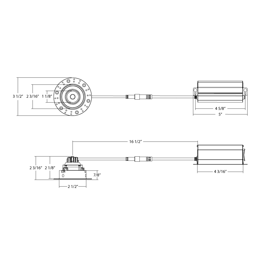 Dimension drawing of the RAB GR2TLB 2in Adjustable Trimless Recessed Light – 6W – 450 Lumens – 2700K–5000K – 120V – Round – Black Finish – 90+ CRIshowing fixture dimensions and mounting measurements.