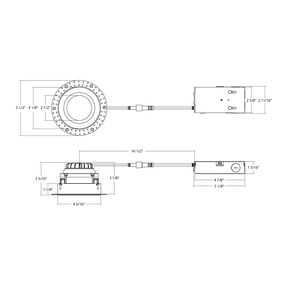 Dimension drawing of the RAB GR4TL 4in Adjustable Trimless Recessed Light – 15W – 1250 Lumens – 2700K–5000K – 120V – Round – White Finish – 90+ CRIshowing fixture dimensions and mounting measurements.
